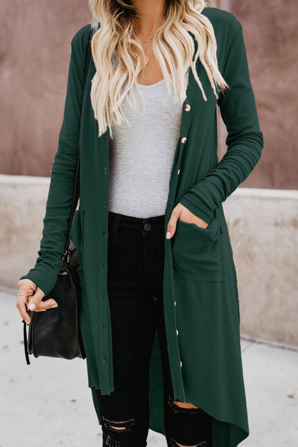 Women Side Pocket Mid Length Long Sleeve Solid Colored Warm Cardigan