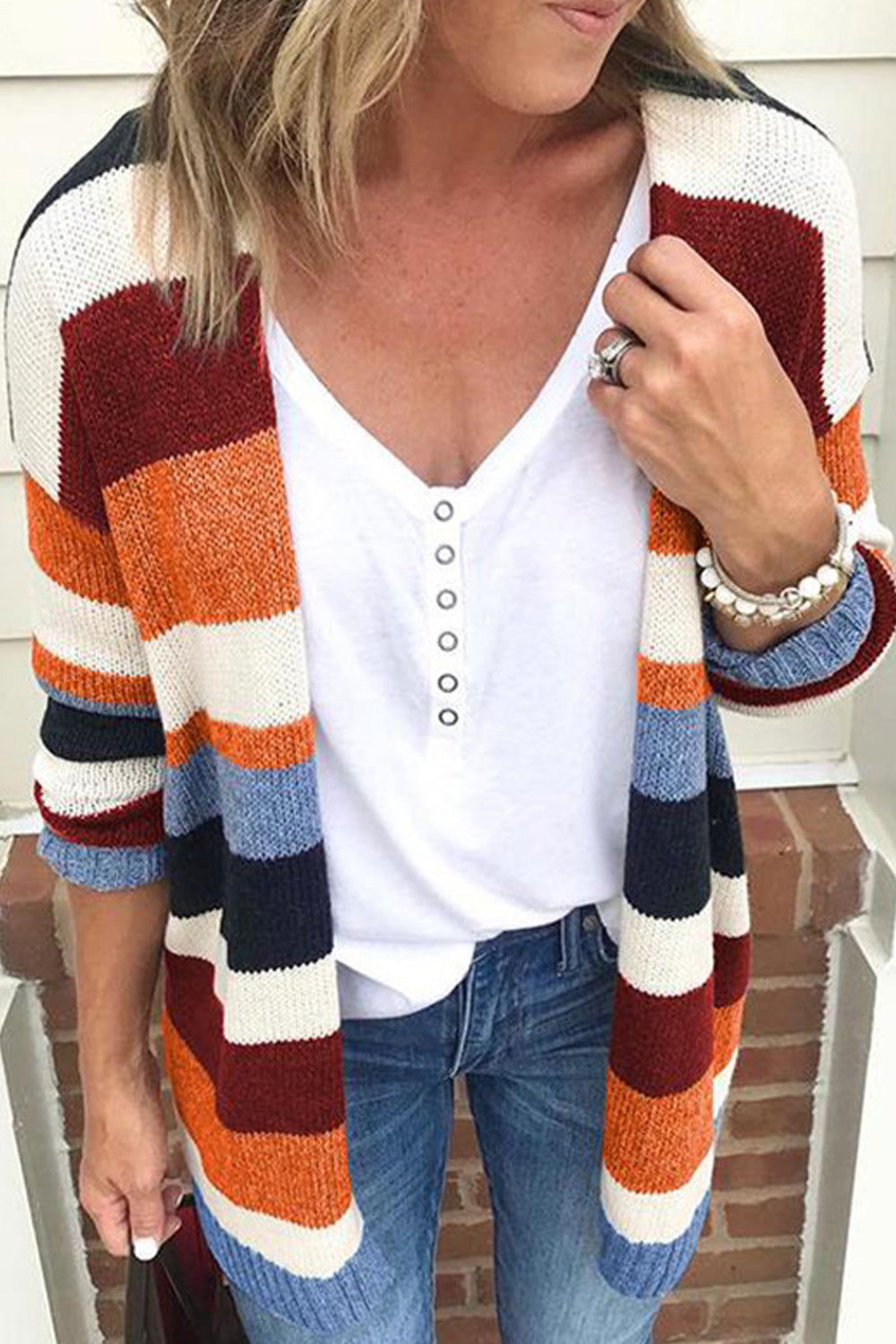 Women Stripe Pattern Long Sleeve Knitted Warm Thick Cardigan