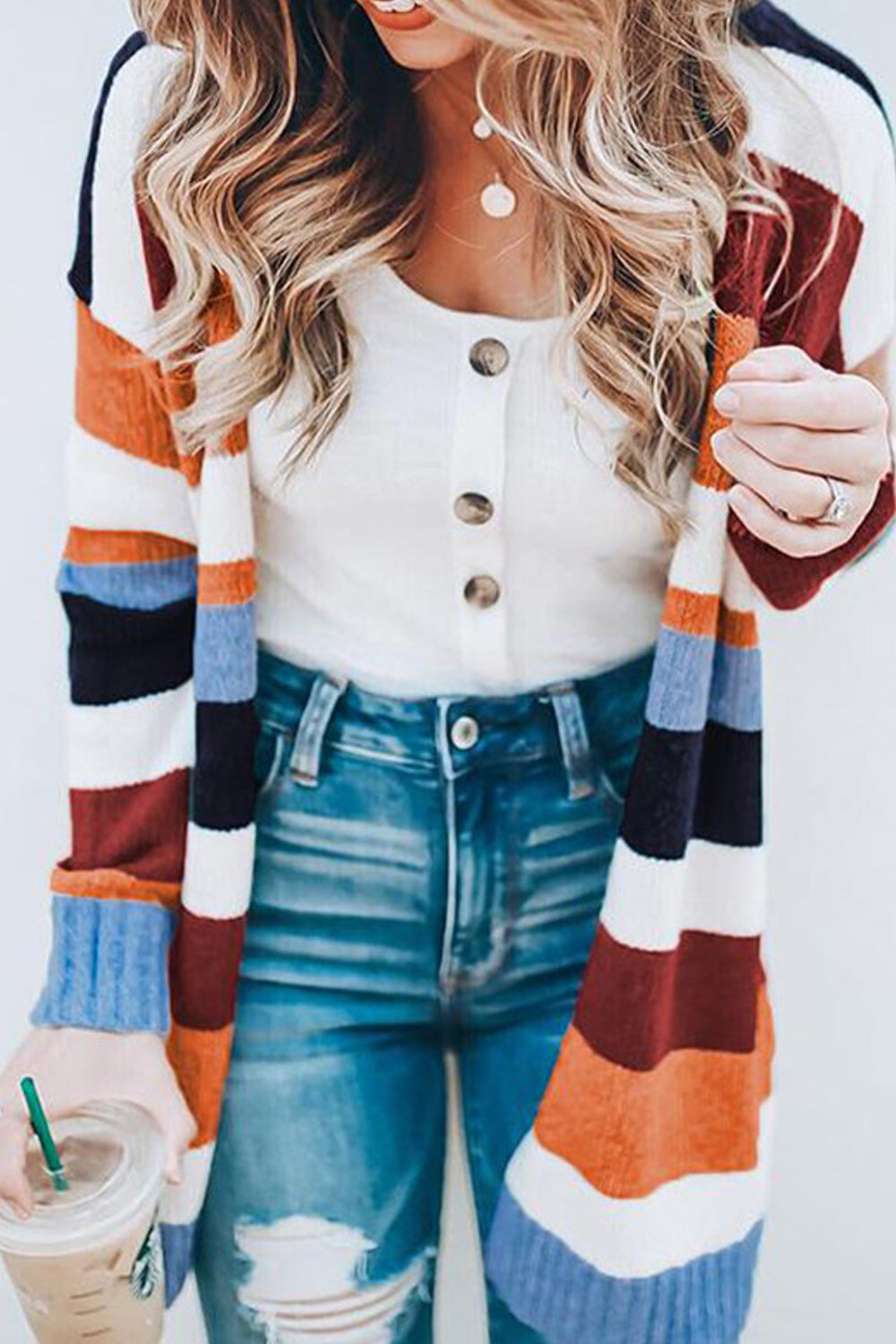 Women Stripe Pattern Long Sleeve Knitted Warm Thick Cardigan