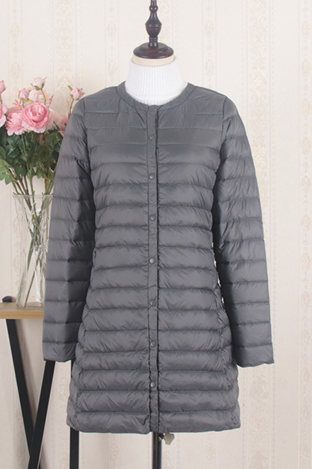Women Round Neck Convenient Long Sleeve Warm Padded Jacket