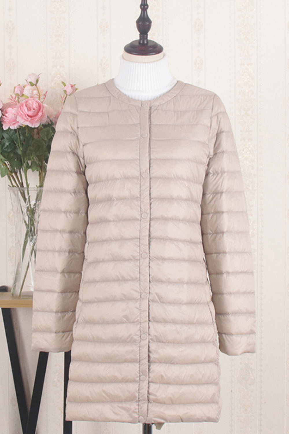 Women Round Neck Convenient Long Sleeve Warm Padded Jacket