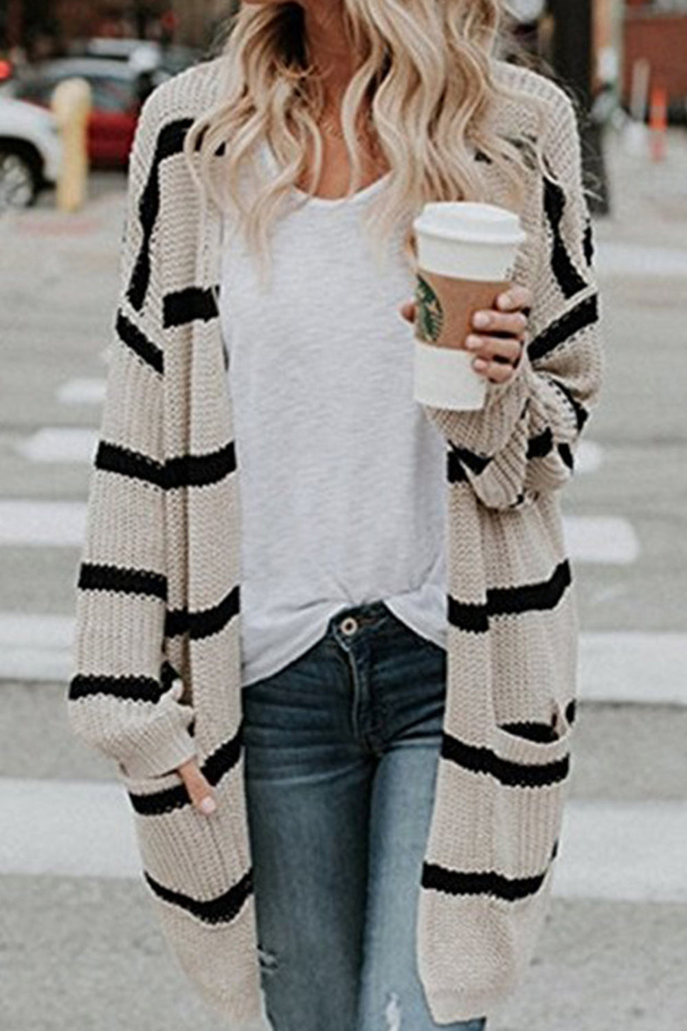 Women Pretty Striped Pattern Long Sleeve Cozy Loose Cardigan