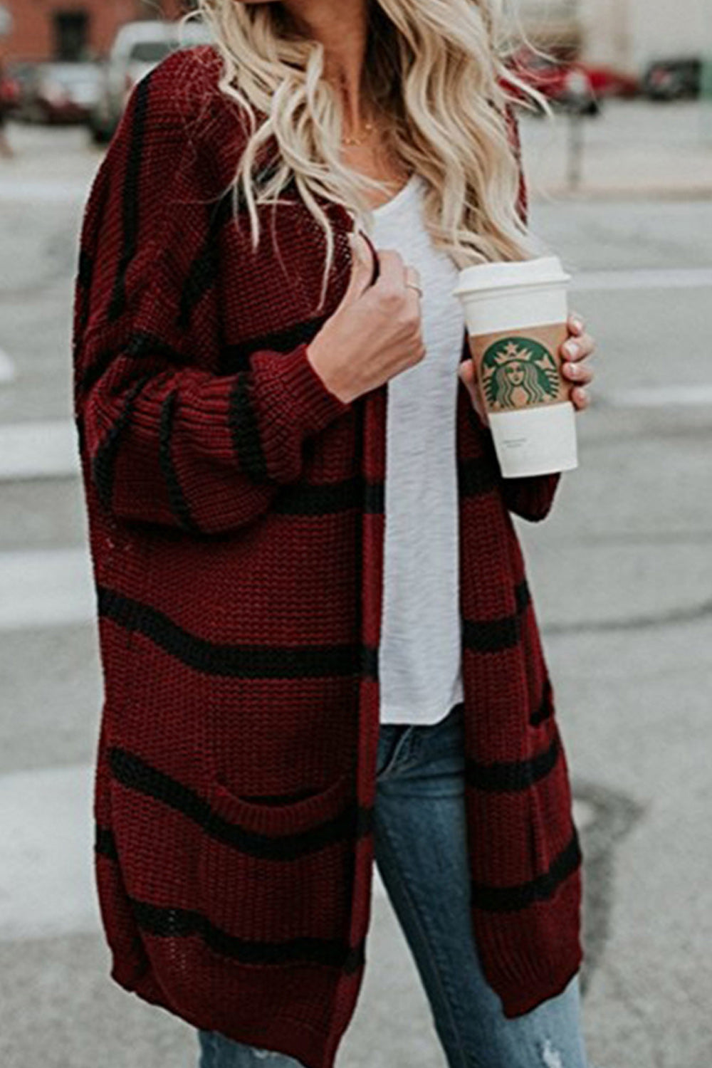 Women Pretty Striped Pattern Long Sleeve Cozy Loose Cardigan
