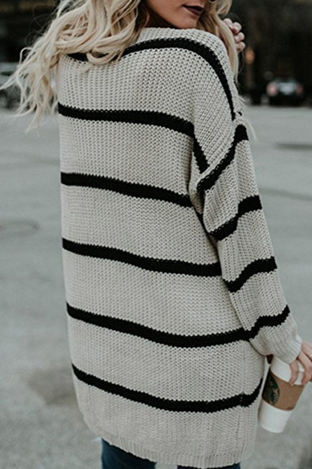 Women Pretty Striped Pattern Long Sleeve Cozy Loose Cardigan