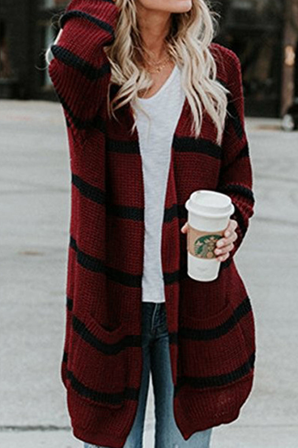 Women Pretty Striped Pattern Long Sleeve Cozy Loose Cardigan