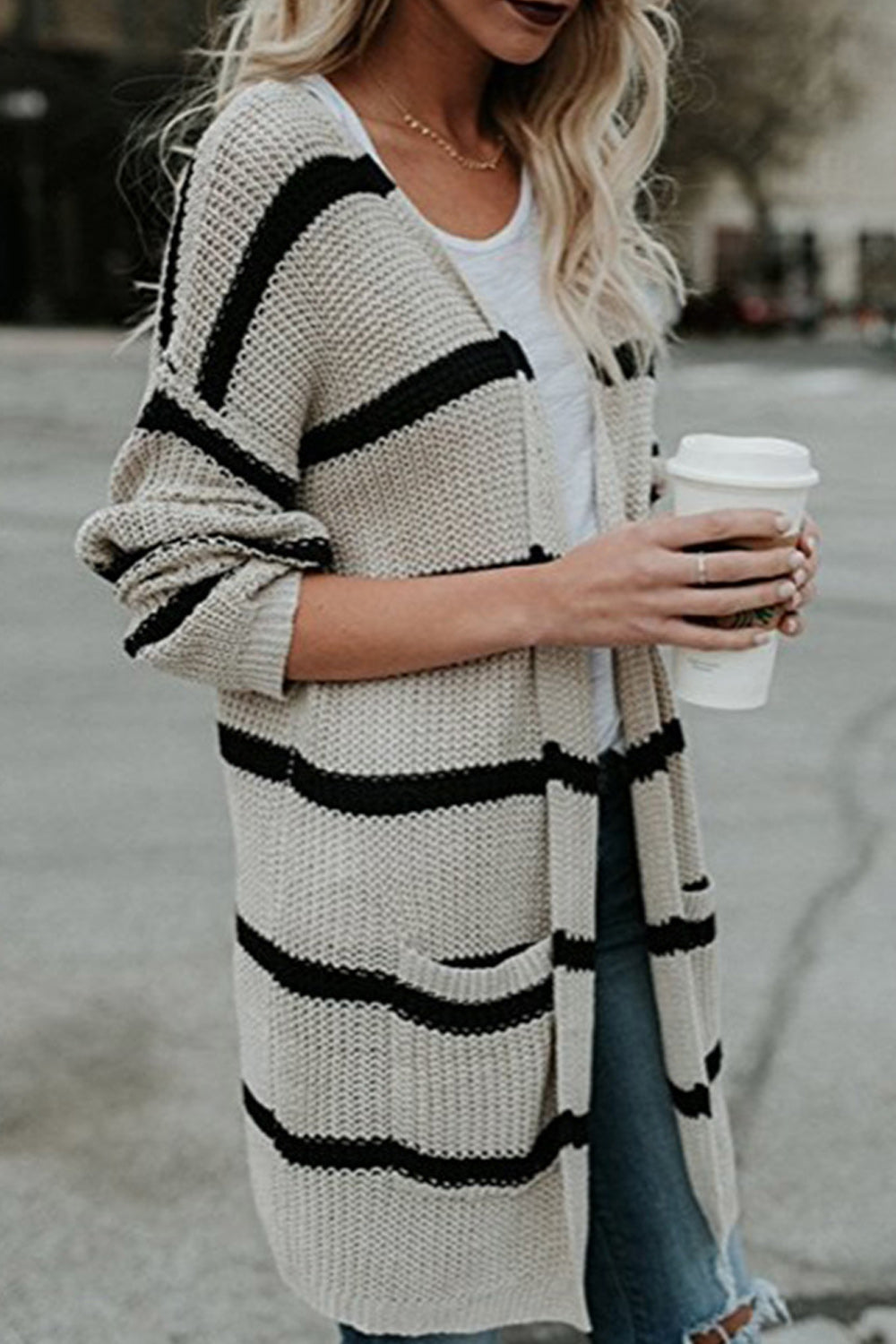 Women Pretty Striped Pattern Long Sleeve Cozy Loose Cardigan