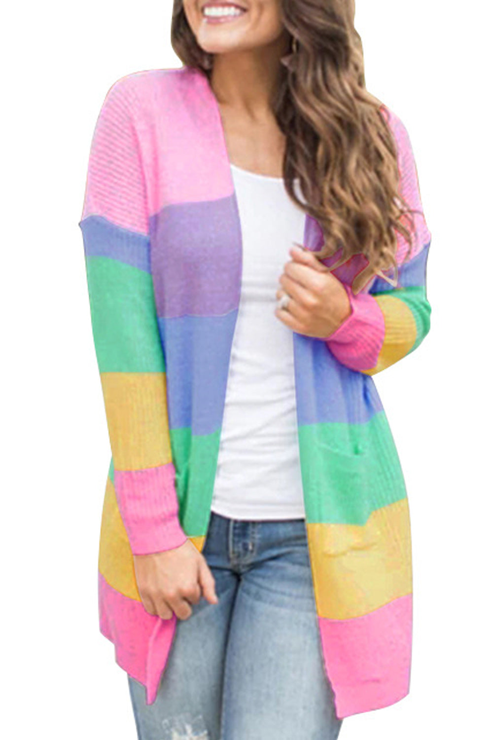 Women Comfy Long Sleeve Colorful Stripe Pattern Pretty Cardigan