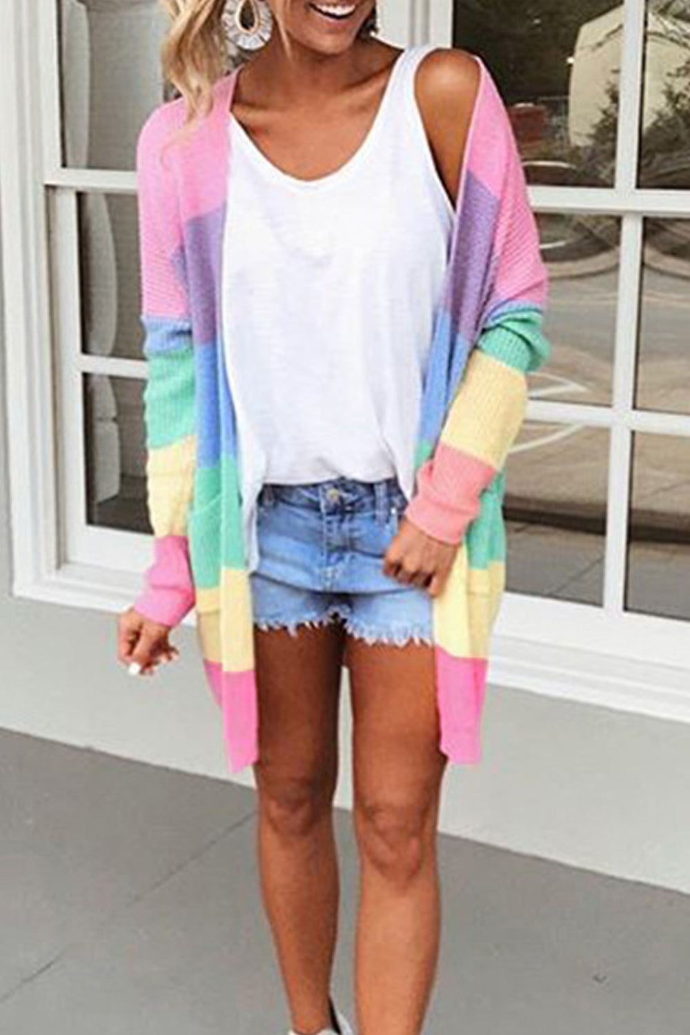 Women Comfy Long Sleeve Colorful Stripe Pattern Pretty Cardigan