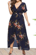 Women Plus Flower Pattern Slit Hem Deep V-Neck Breathable Summer Short Sleeve Dress