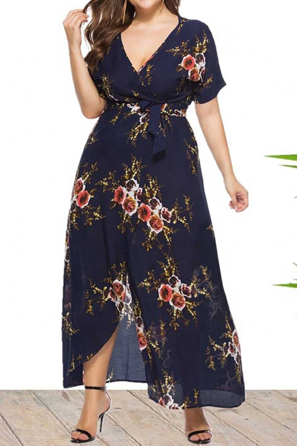 Women Plus Flower Pattern Slit Hem Deep V-Neck Breathable Summer Short Sleeve Dress