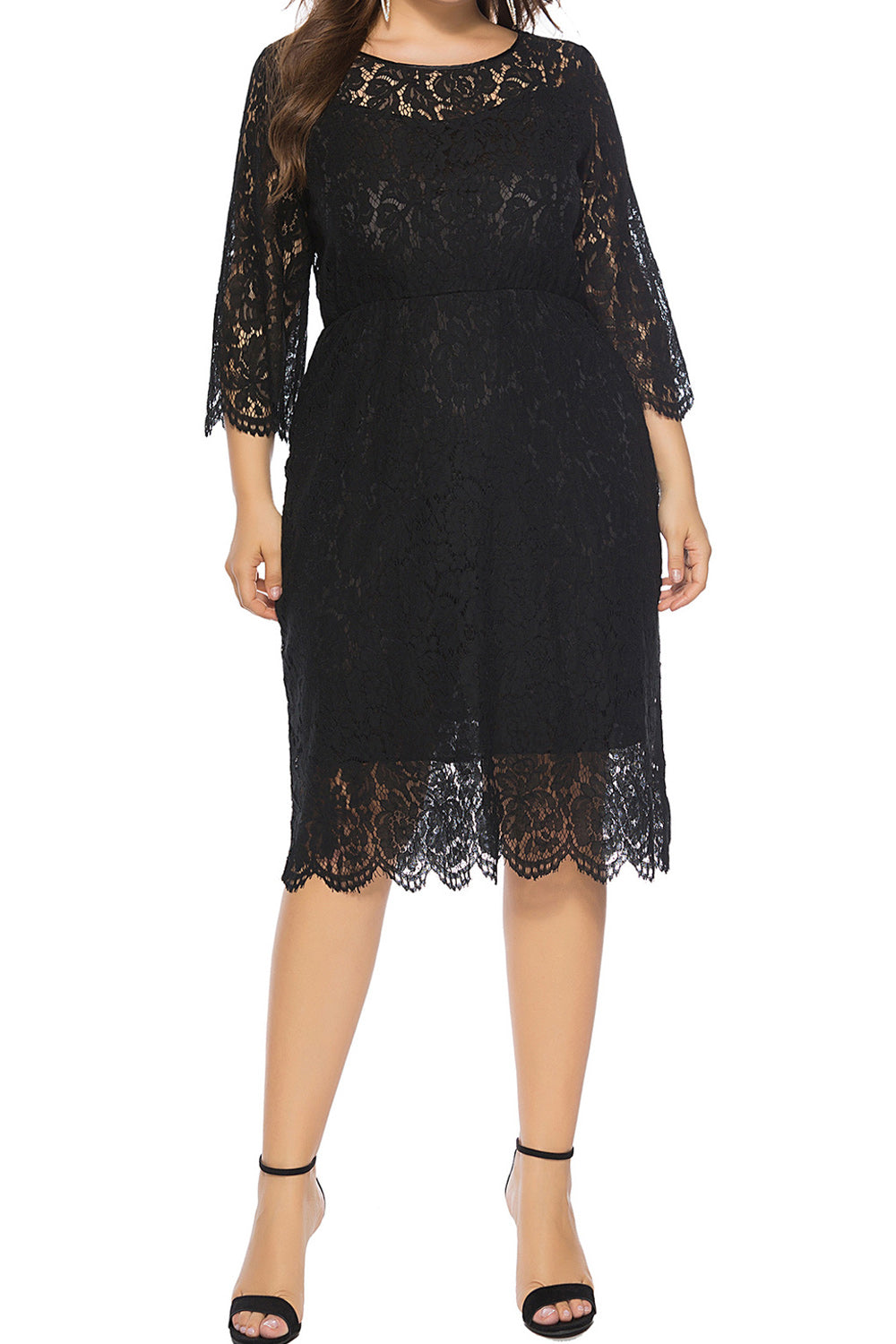 Women Plus Hollow Lace Pretty Round Neck Breathable Solid Colored Dress