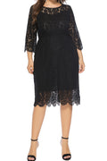 Women Plus Hollow Lace Pretty Round Neck Breathable Solid Colored Dress