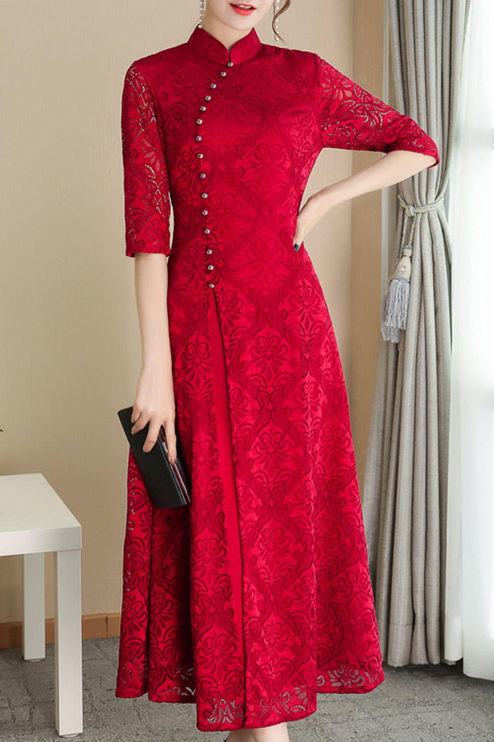 Women Half Sleeve Mid Length Lace Pattern Stand Up Collar Breathable Modern Dress