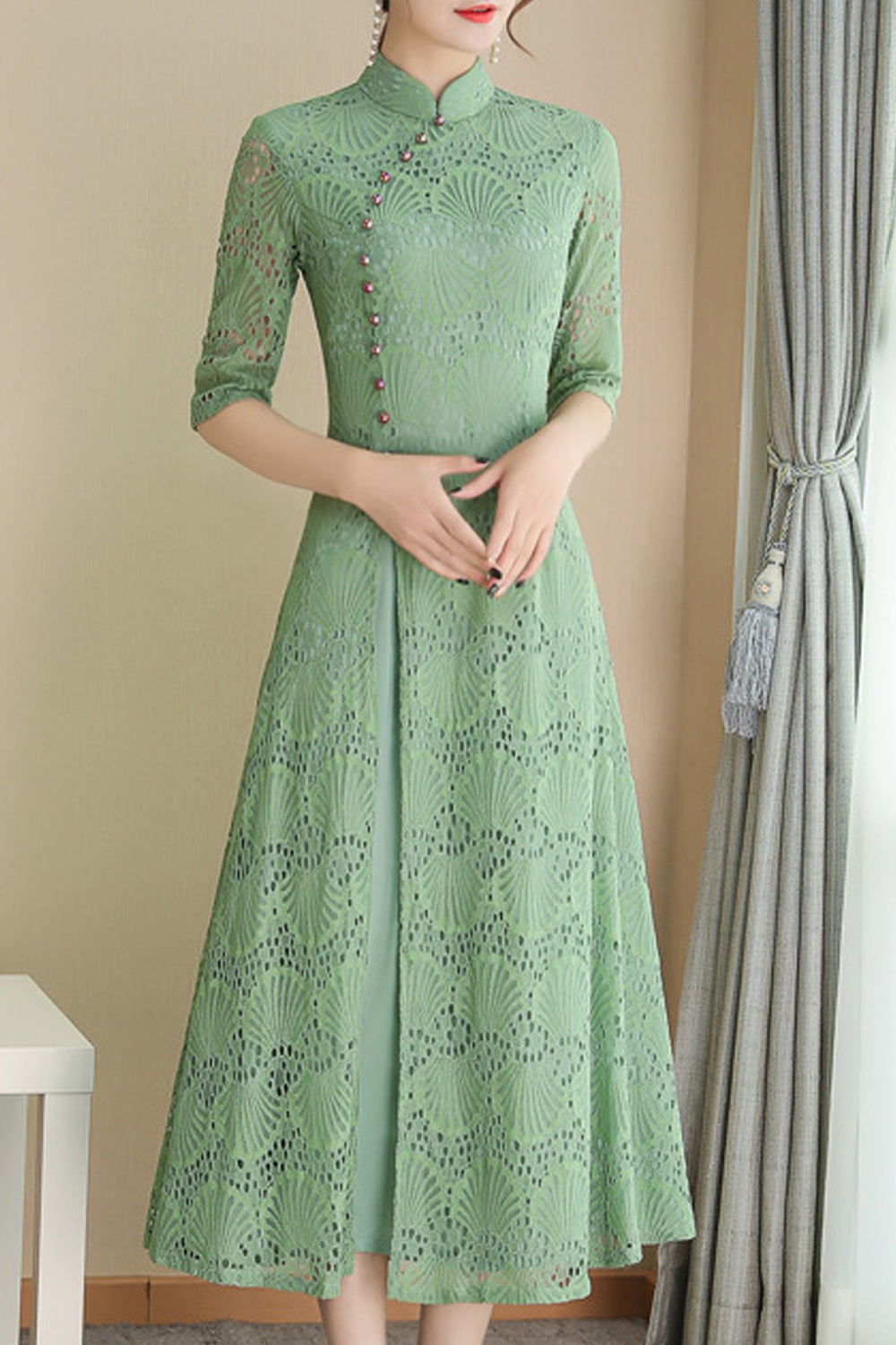 Women Half Sleeve Mid Length Lace Pattern Stand Up Collar Breathable Modern Dress