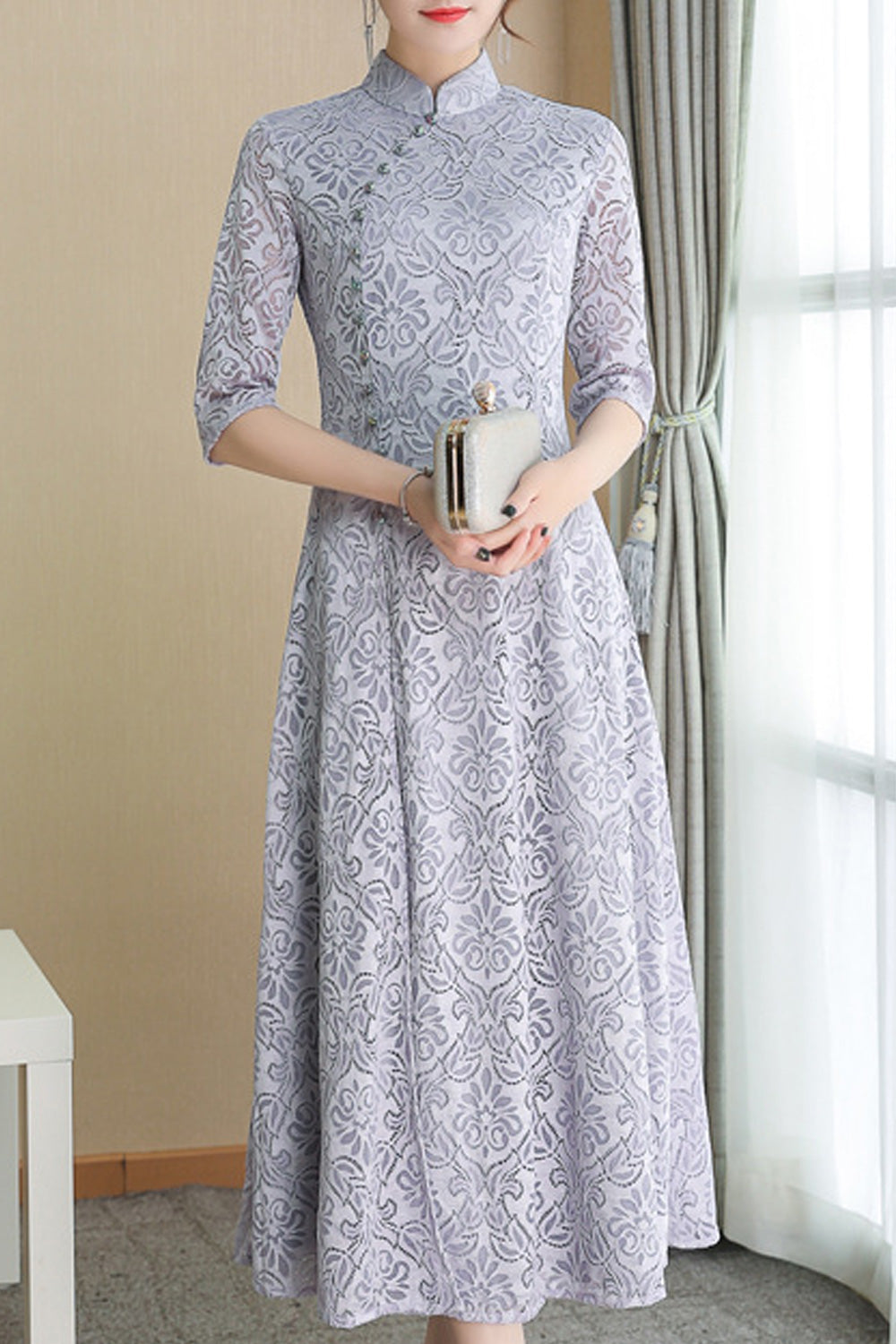 Women Half Sleeve Mid Length Lace Pattern Stand Up Collar Breathable Modern Dress