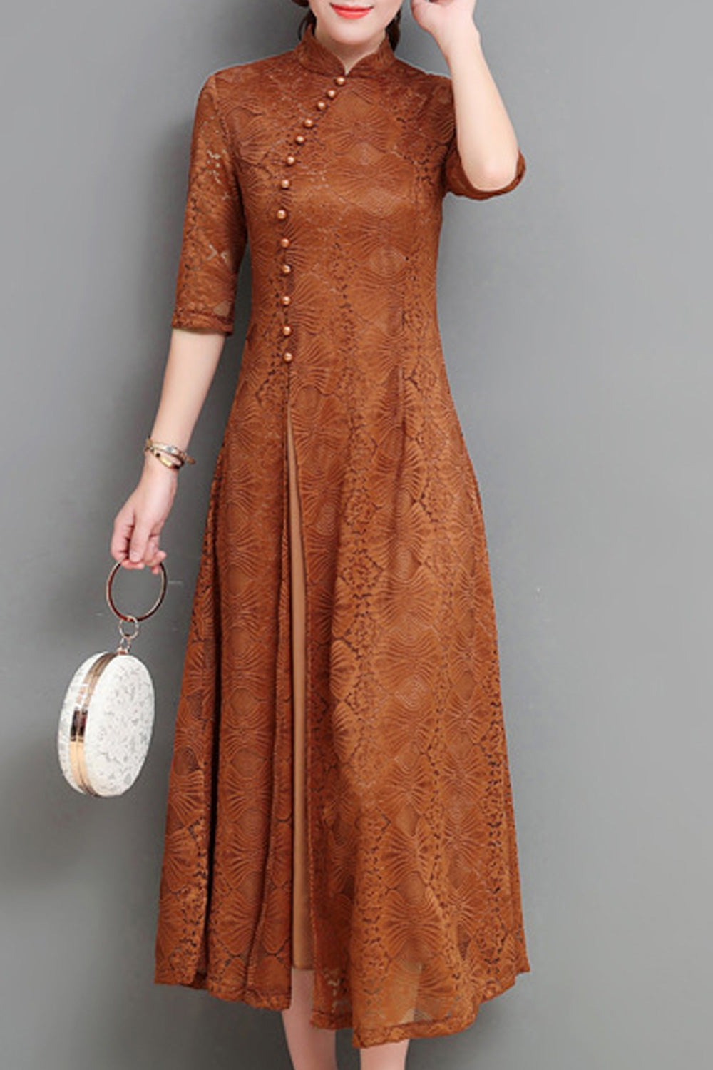 Women Half Sleeve Mid Length Lace Pattern Stand Up Collar Breathable Modern Dress