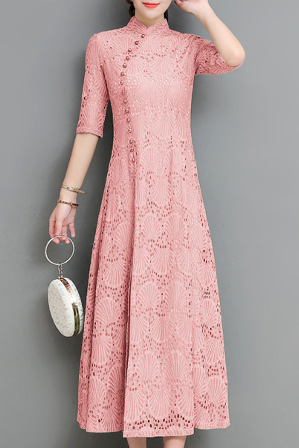 Women Half Sleeve Mid Length Lace Pattern Stand Up Collar Breathable Modern Dress