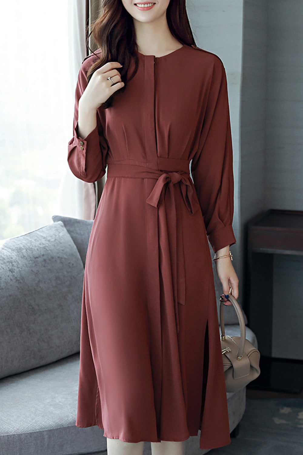 Women Loose Long Sleeve Mid Length Elegant Solid Colored Cute Lightweight Trendy Dress