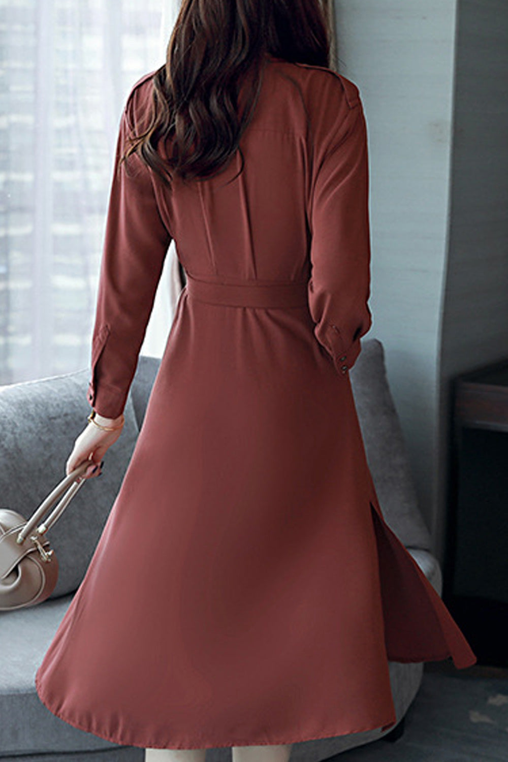 Women Loose Long Sleeve Mid Length Elegant Solid Colored Cute Lightweight Trendy Dress