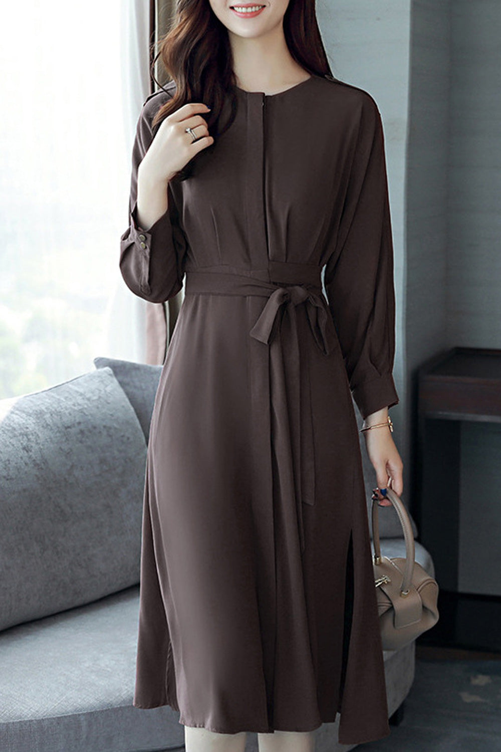 Women Loose Long Sleeve Mid Length Elegant Solid Colored Cute Lightweight Trendy Dress