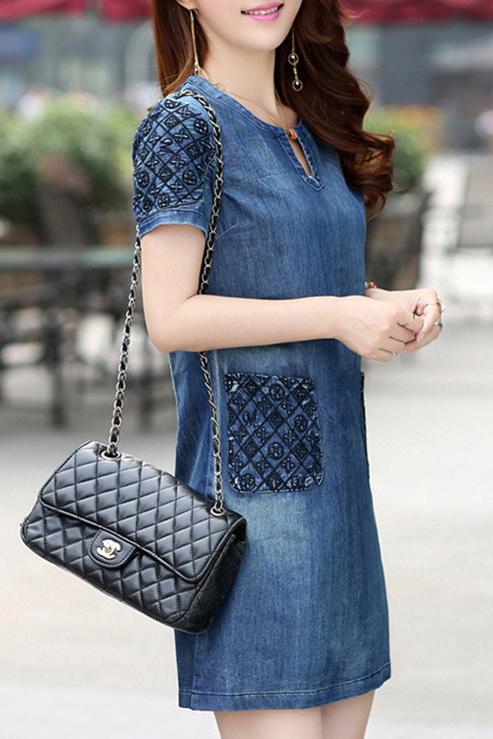 Women Short Sleeve Casual Mid Length Pocket Styling Elegant Soft Denim Dress