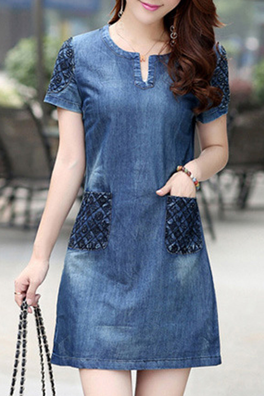 Women Short Sleeve Casual Mid Length Pocket Styling Elegant Soft Denim Dress