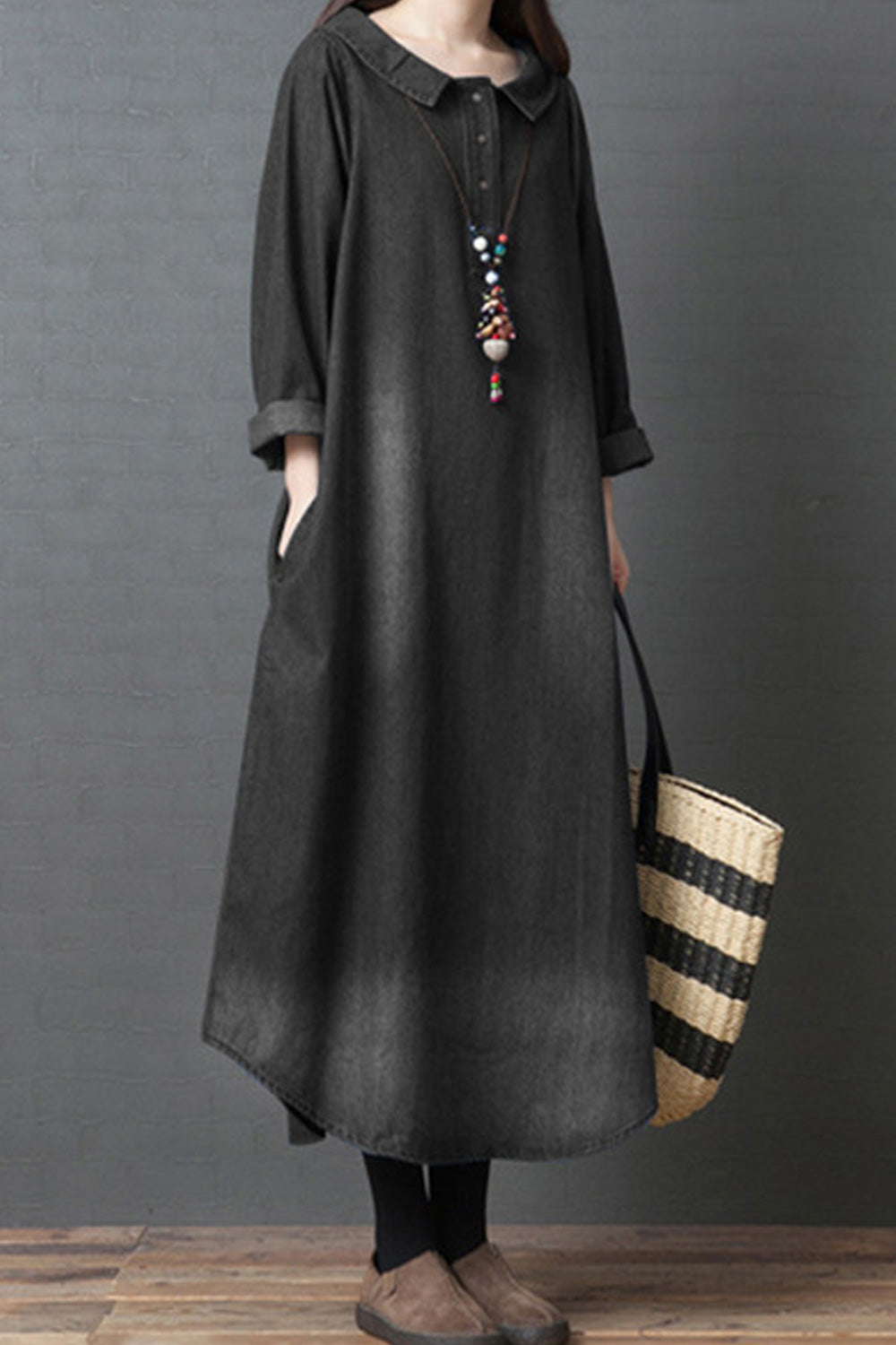 Women Collar Neck Fashionable Long Sleeve Loose Style Stylish Denim Dress