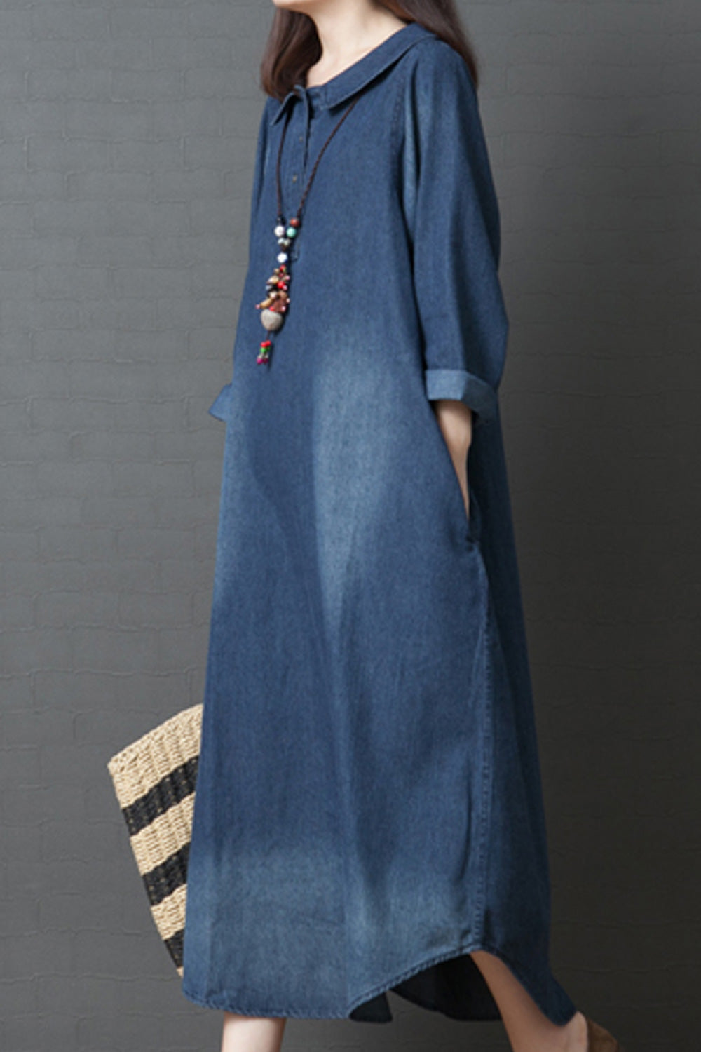 Women Collar Neck Fashionable Long Sleeve Loose Style Stylish Denim Dress