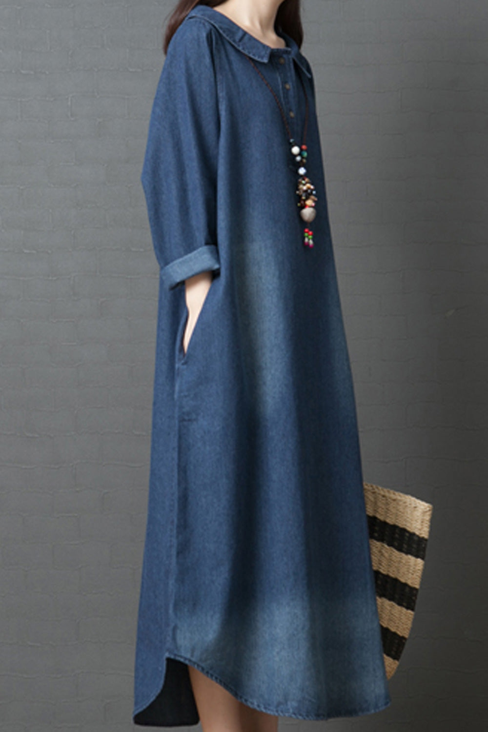 Women Collar Neck Fashionable Long Sleeve Loose Style Stylish Denim Dress