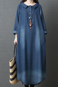 Women Collar Neck Fashionable Long Sleeve Loose Style Stylish Denim Dress