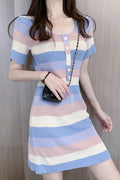 Women Lovely Short Sleeve Easy Round Neck Summer Modern Striped Pattern Soft Dress