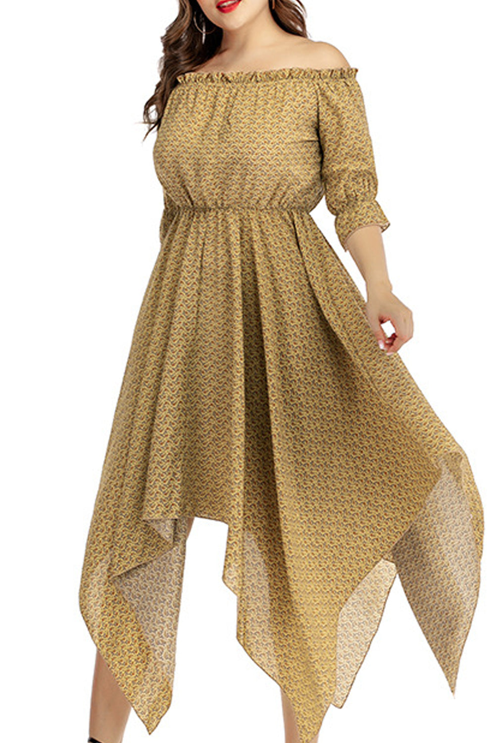 Women Off-Neck Summer Irregular Hem Solid Colored Elbow Sleeve Mid Length Dress