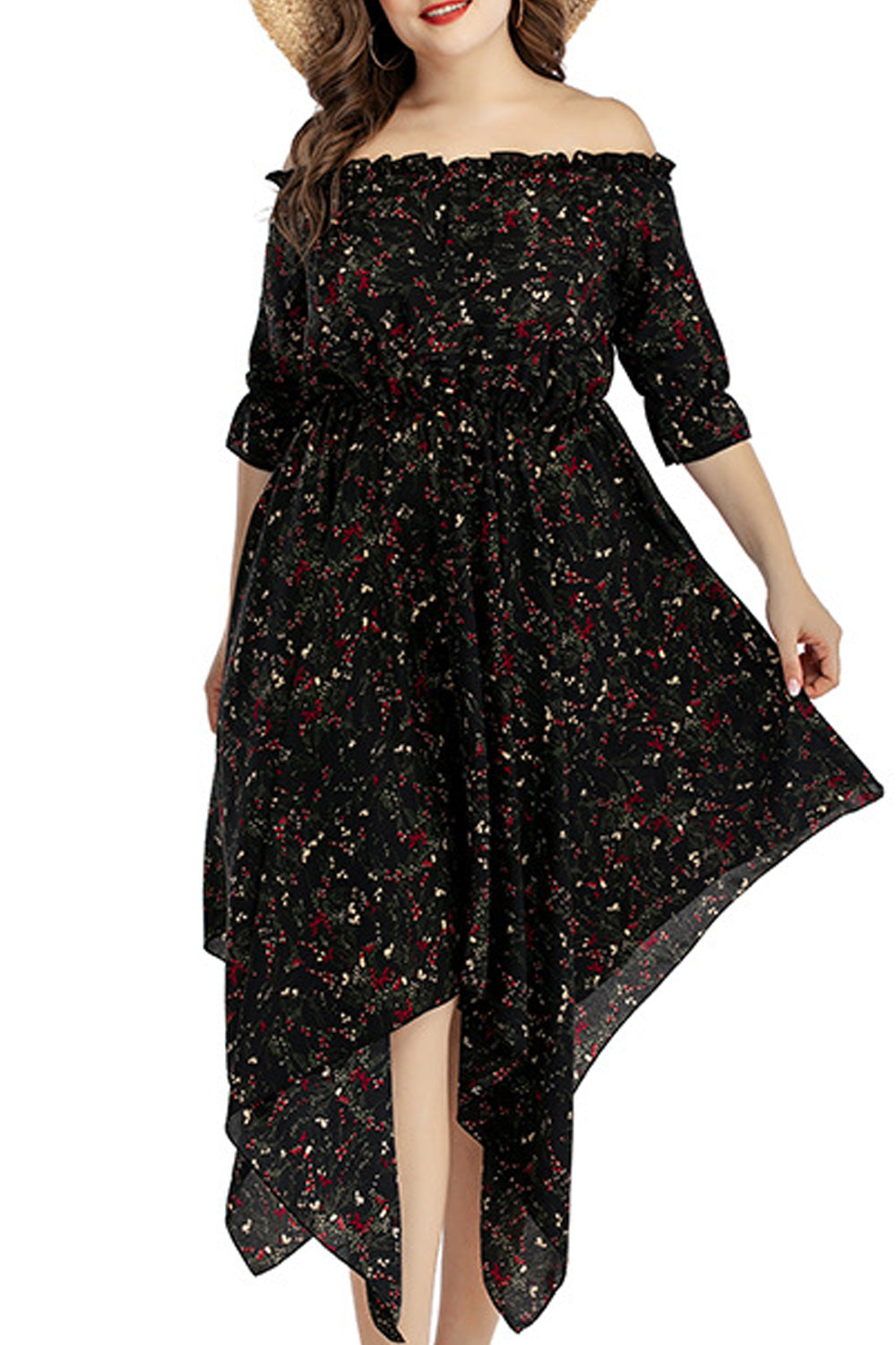 Women Off-Neck Summer Irregular Hem Solid Colored Elbow Sleeve Mid Length Dress