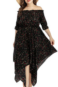 Women Off-Neck Summer Irregular Hem Solid Colored Elbow Sleeve Mid Length Dress