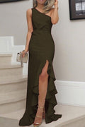 Women Off-Neck Slit Hem Elegant Solid Colored Wonderful Soft Party Dress