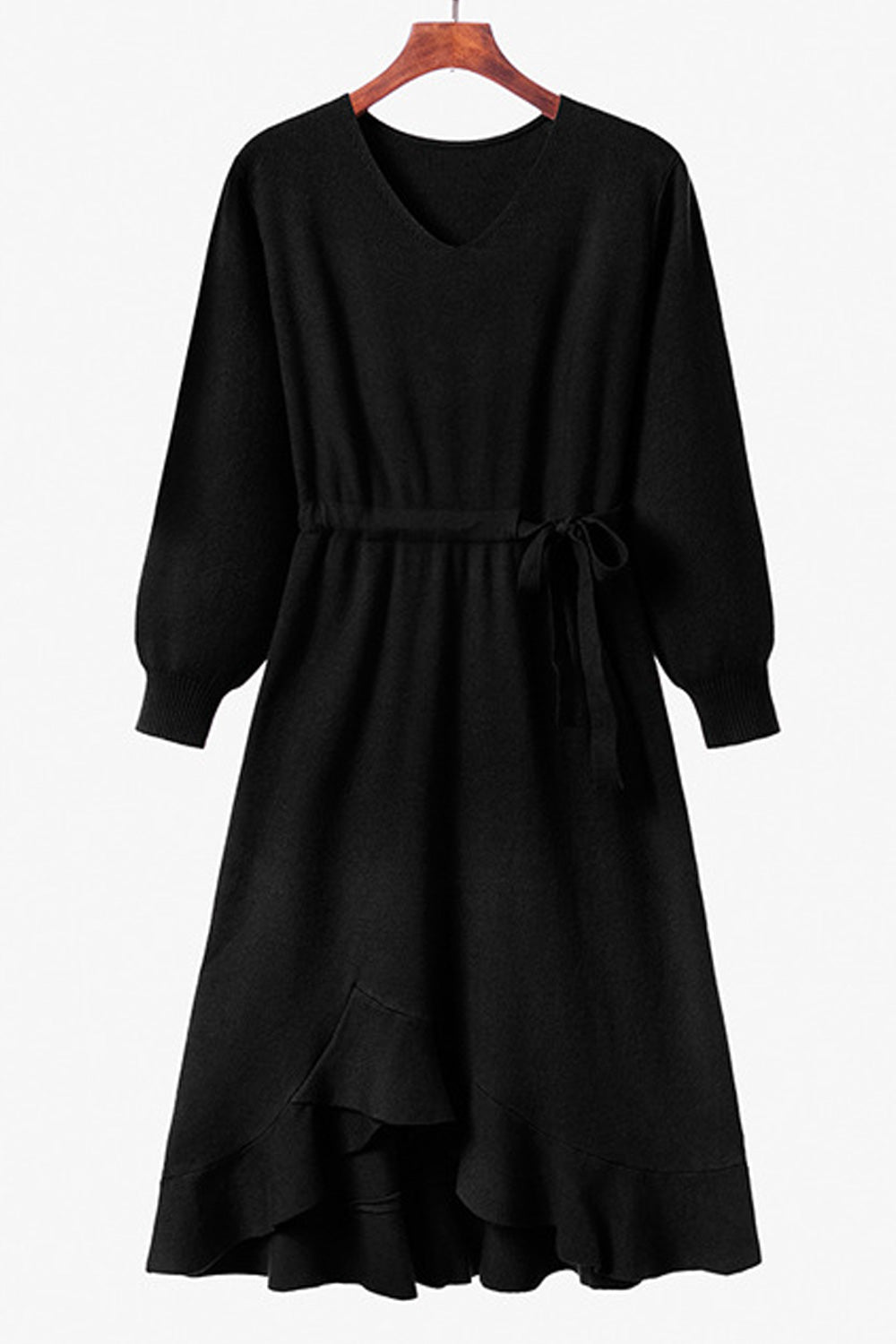 Women Beautiful Knitted Long Sleeve Irregular Hem Solid Color V-Neck Dress