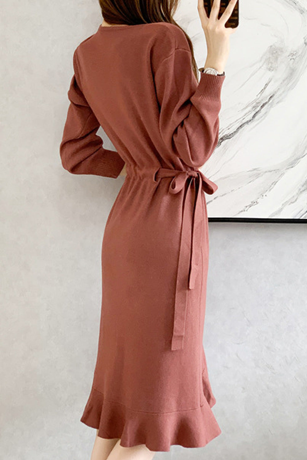 Women Beautiful Knitted Long Sleeve Irregular Hem Solid Color V-Neck Dress