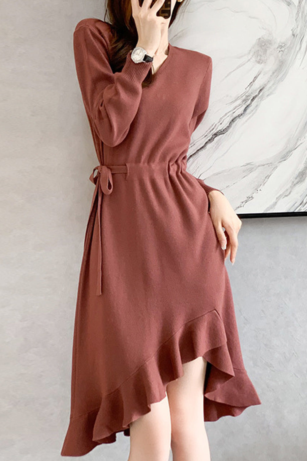 Women Beautiful Knitted Long Sleeve Irregular Hem Solid Color V-Neck Dress