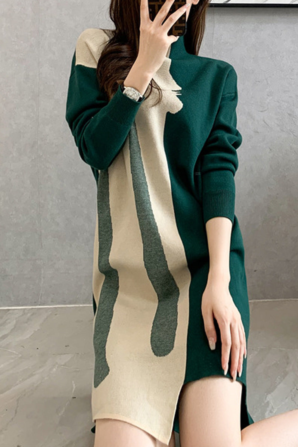 Women Lovely High Neck Waist Belt Autumn Winter Dress