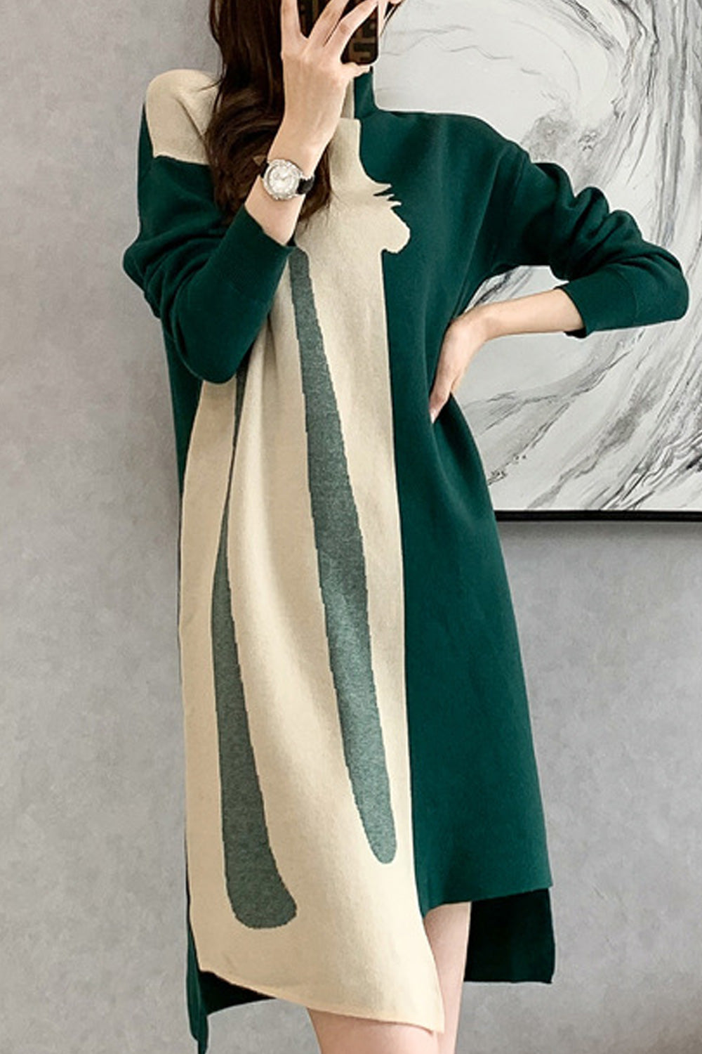 Women Lovely High Neck Waist Belt Autumn Winter Dress