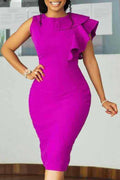 Women Solid Colored Slim Fit Trendy Round Neck Sleeveless Mid Length Dress