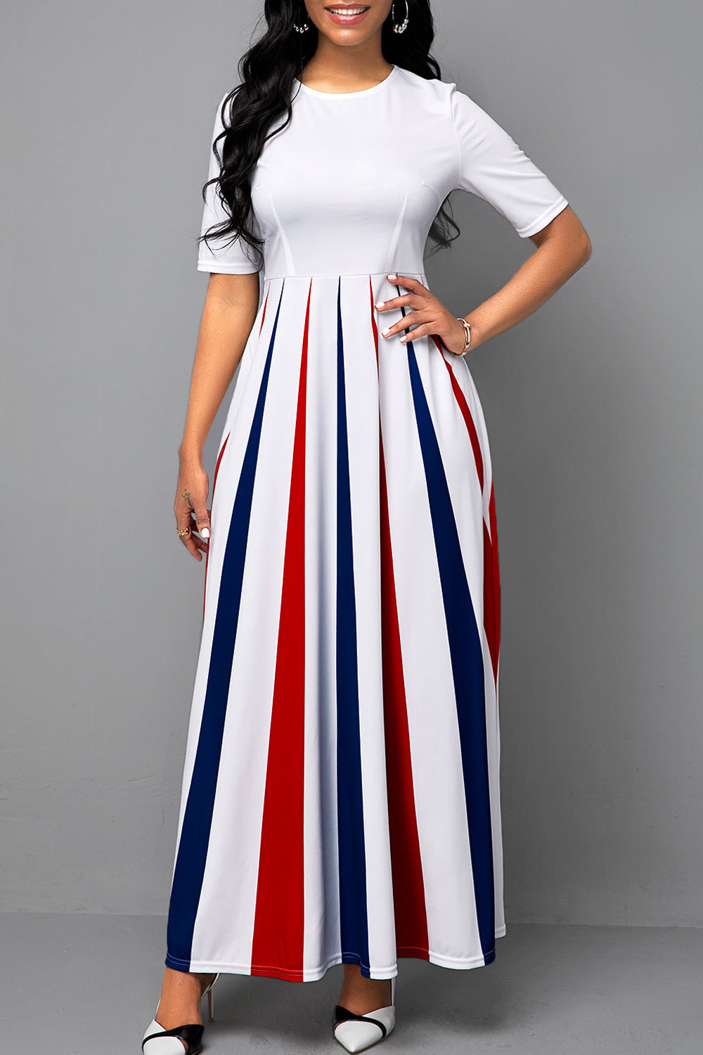 Women Alluring Striped Pattern Long Length Short Sleeve Round Neck Party Dress