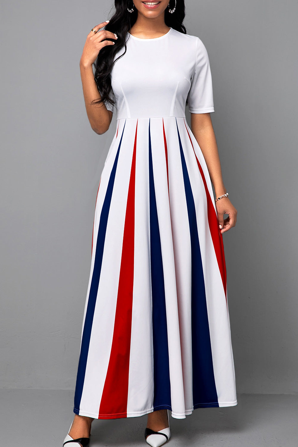 Women Alluring Striped Pattern Long Length Short Sleeve Round Neck Party Dress