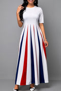 Women Alluring Striped Pattern Long Length Short Sleeve Round Neck Party Dress