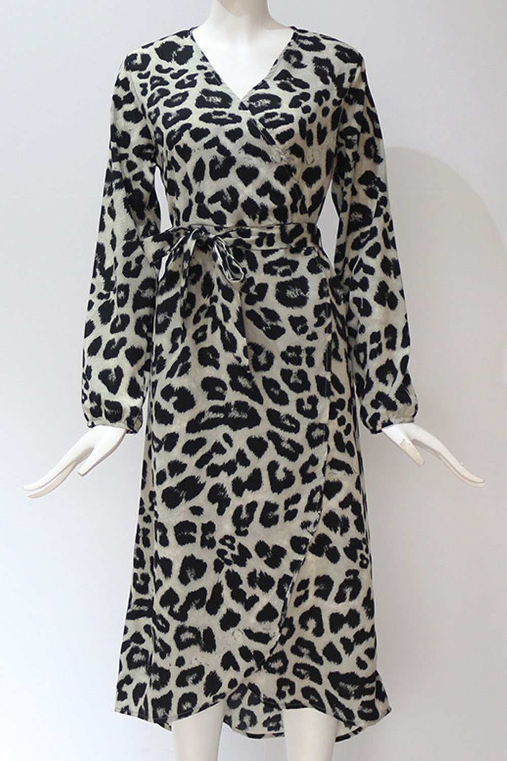 Women Amazing Leopard Printed V-Neck Long Sleeve Slit Hem Mid Length Party Dress