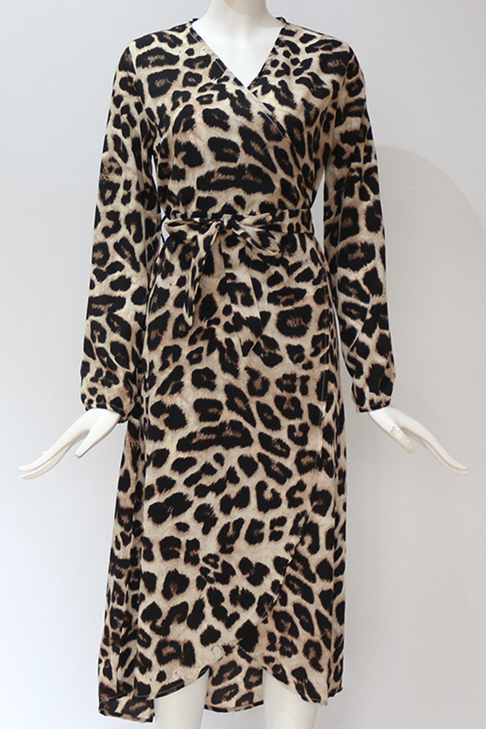 Women Amazing Leopard Printed V-Neck Long Sleeve Slit Hem Mid Length Party Dress