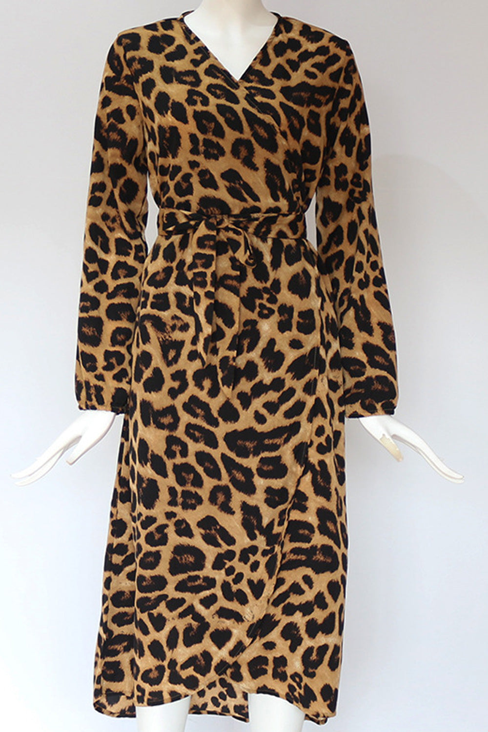 Women Amazing Leopard Printed V-Neck Long Sleeve Slit Hem Mid Length Party Dress