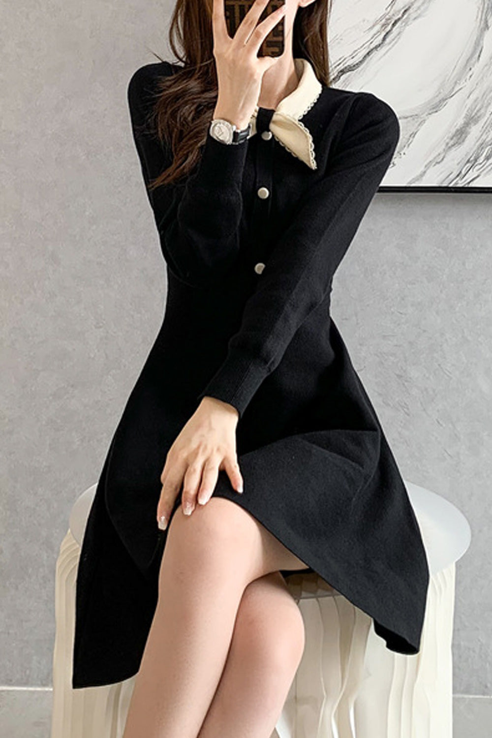 Women Splendid Solid Color Long Sleeve Above Knee Round Neck Beautiful Dress