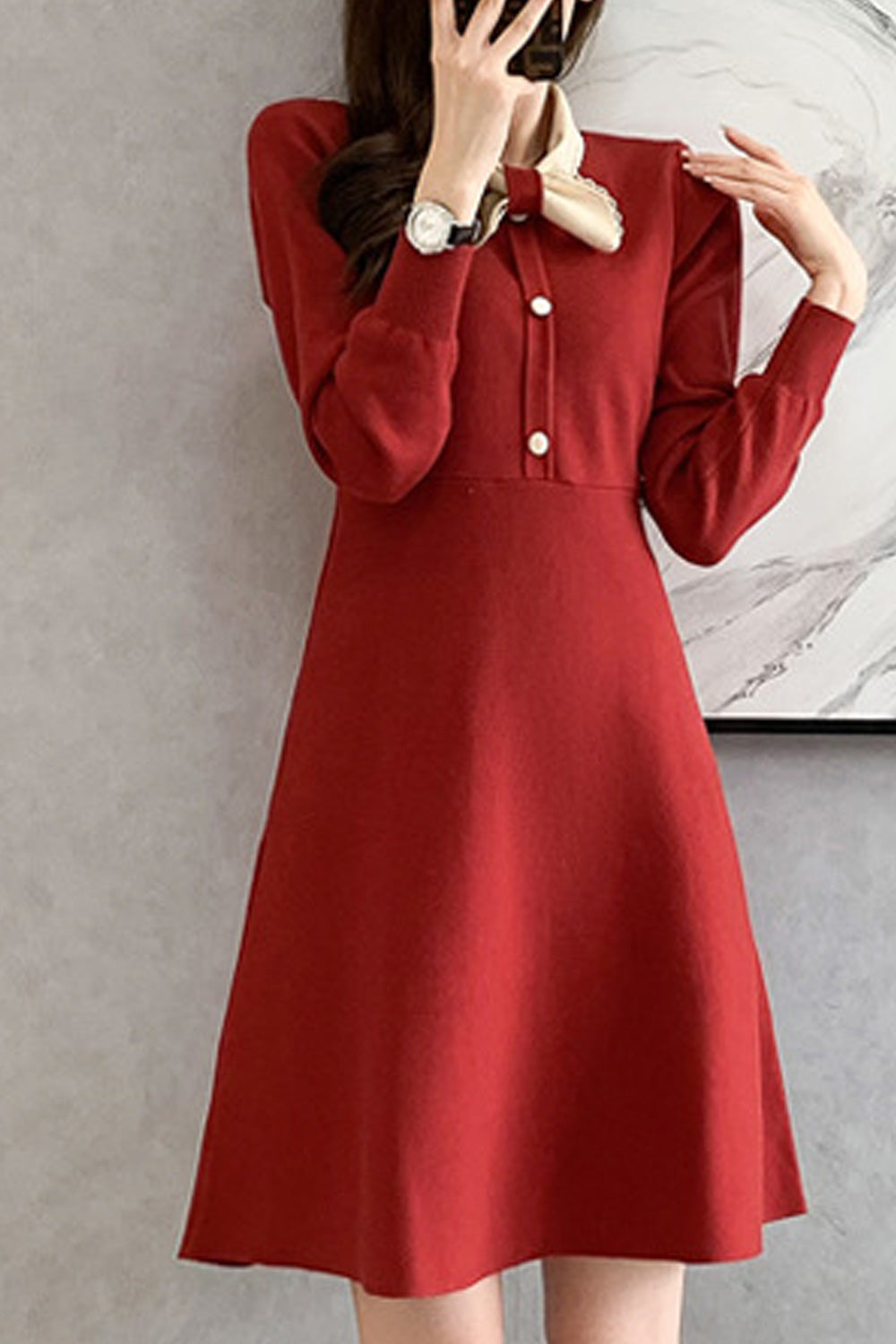 Women Splendid Solid Color Long Sleeve Above Knee Round Neck Beautiful Dress
