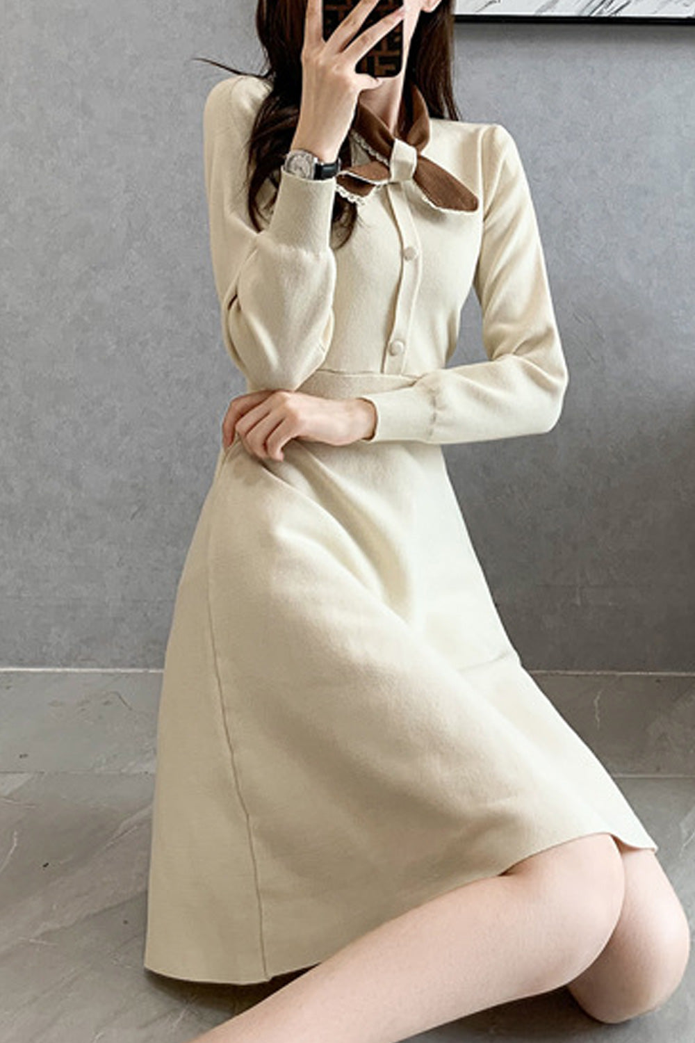 Women Splendid Solid Color Long Sleeve Above Knee Round Neck Beautiful Dress